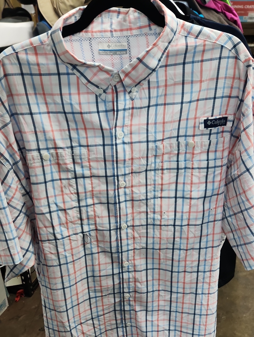 Columbia Men's Short Sleeve Button-Down Plaid Shirt - White, Blue, Coral